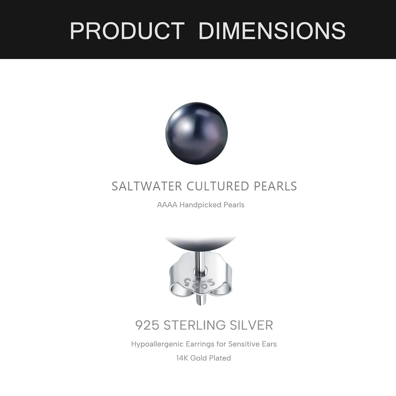 YAMI Pearl Earrings for Women, 925 Sterling Silver Hypoallergenic Stud, Saltwater Cultured Black Pearl, Classic & Elegant Jewelry Gfits for Her, 8-8.5MM