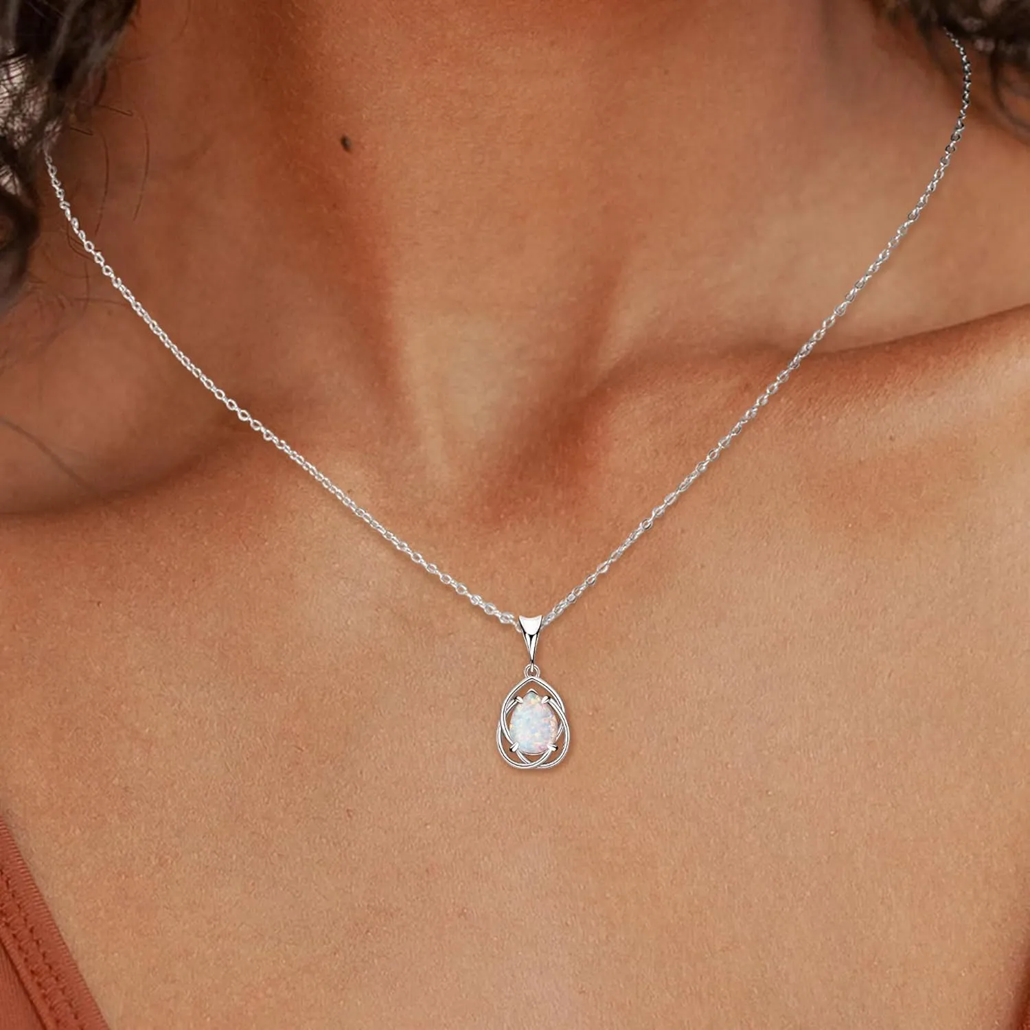 YUNKAI Opal Necklaces for Women Sterling Silver, Pear/Round/Oval Created-Opal Pendants, Dainty Vintage Necklace Fine Jewelry Gift for Birthdays Anniversaries, October Birthstone Pendant
