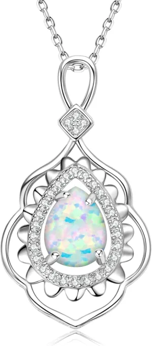 YUNKAI Opal Necklaces for Women Sterling Silver, Pear/Round/Oval Created-Opal Pendants, Dainty Vintage Necklace Fine Jewelry Gift for Birthdays Anniversaries, October Birthstone Pendant
