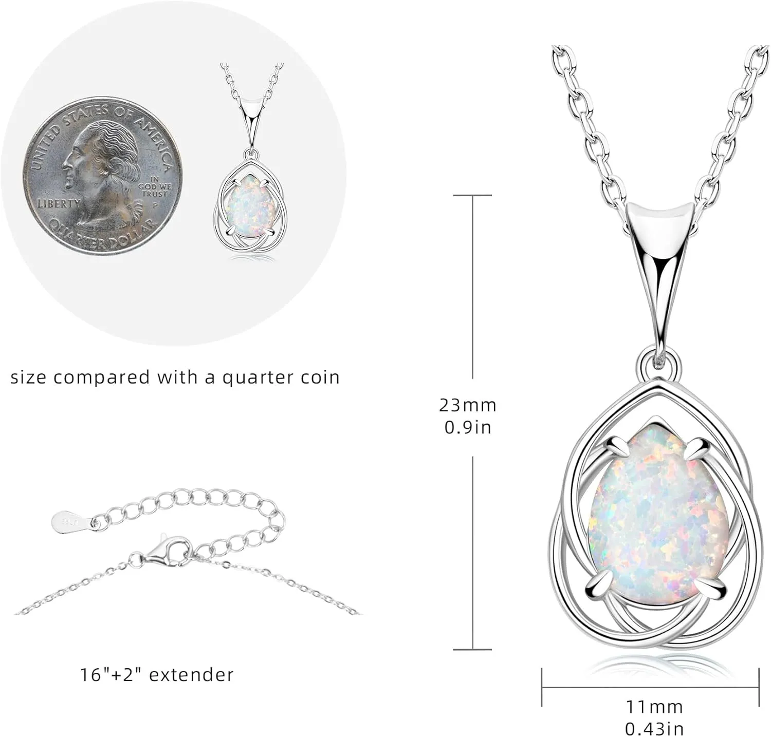 YUNKAI Opal Necklaces for Women Sterling Silver, Pear/Round/Oval Created-Opal Pendants, Dainty Vintage Necklace Fine Jewelry Gift for Birthdays Anniversaries, October Birthstone Pendant