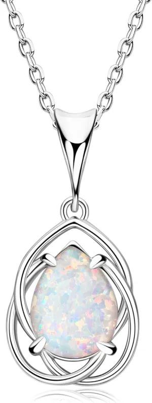 YUNKAI Opal Necklaces for Women Sterling Silver, Pear/Round/Oval Created-Opal Pendants, Dainty Vintage Necklace Fine Jewelry Gift for Birthdays Anniversaries, October Birthstone Pendant