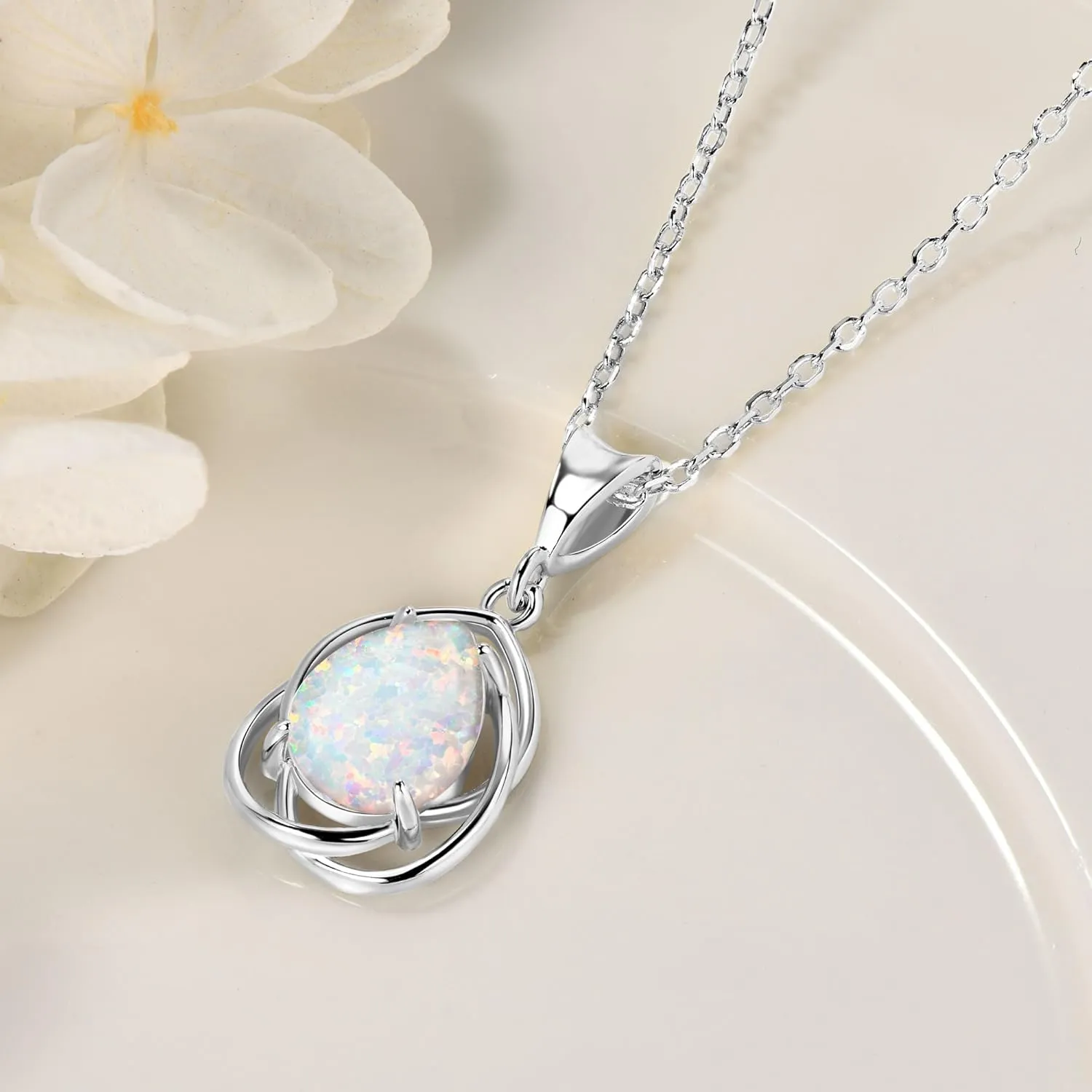 YUNKAI Opal Necklaces for Women Sterling Silver, Pear/Round/Oval Created-Opal Pendants, Dainty Vintage Necklace Fine Jewelry Gift for Birthdays Anniversaries, October Birthstone Pendant