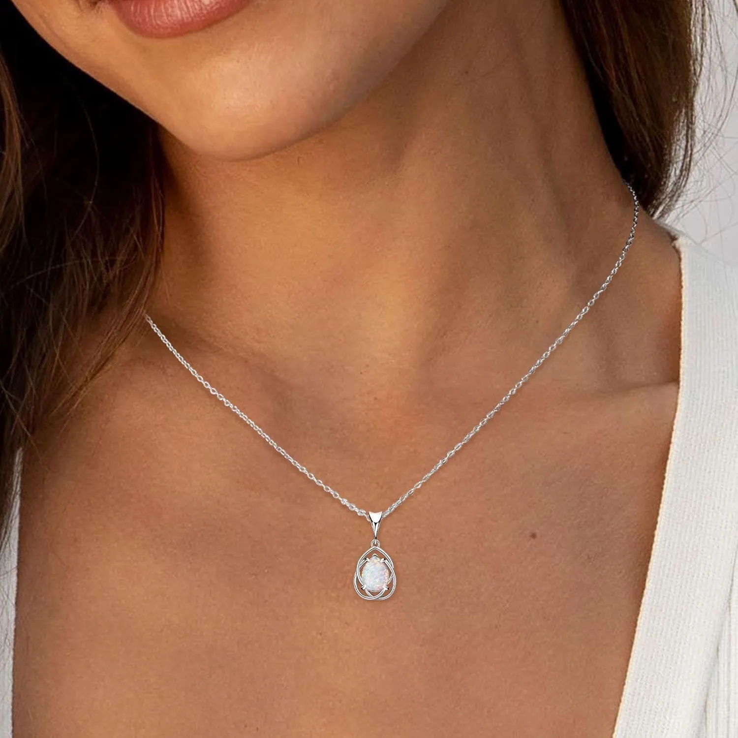 YUNKAI Opal Necklaces for Women Sterling Silver, Pear/Round/Oval Created-Opal Pendants, Dainty Vintage Necklace Fine Jewelry Gift for Birthdays Anniversaries, October Birthstone Pendant