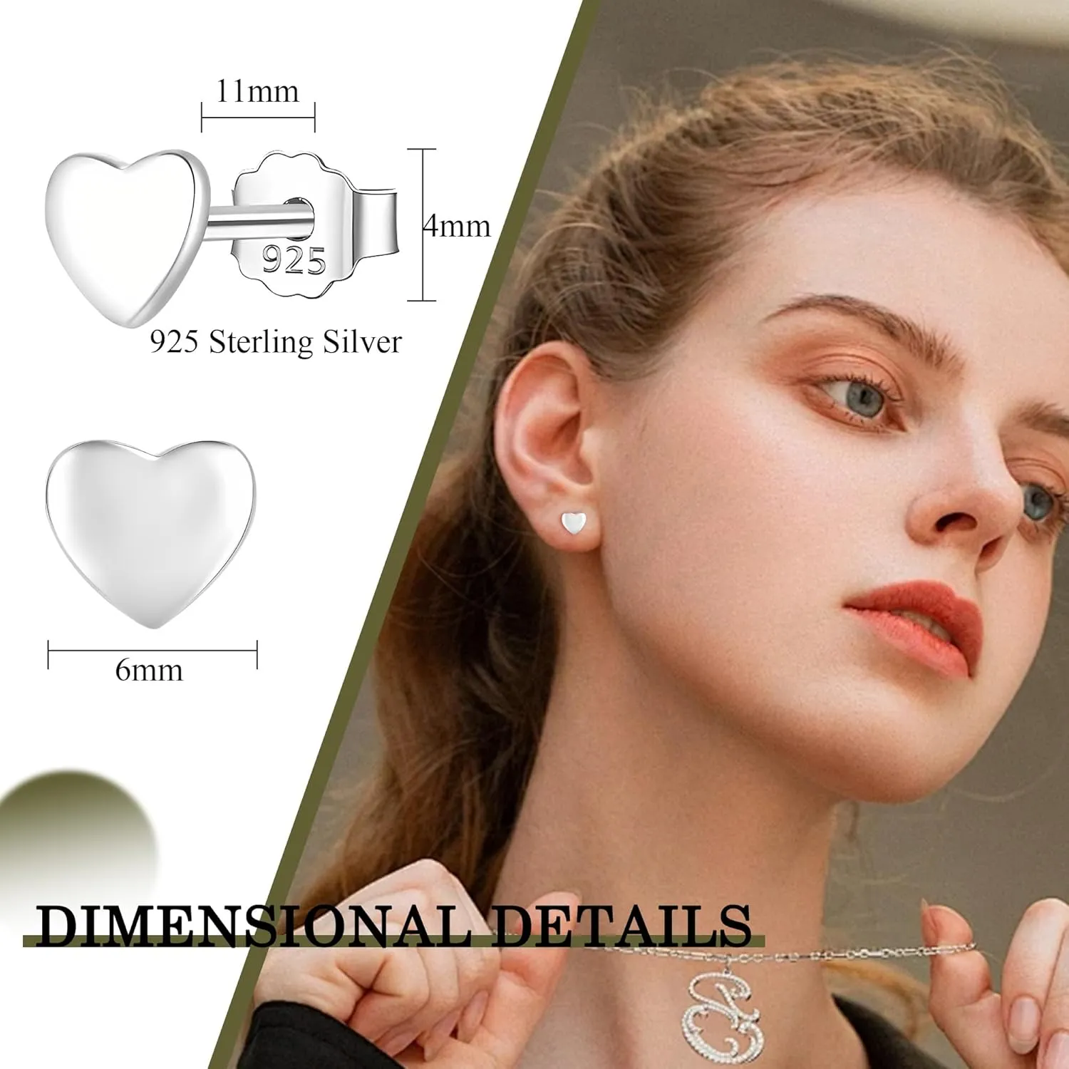 ZDE S925 Sterling Silver Heart Earrings Women Earrings Cubic Zirconia Men Hypoallergenic Non-Nickel Cartilage Earrings Studs Sensitive Ears Simple Classic 5mm Tiny CZ Stud Earrings