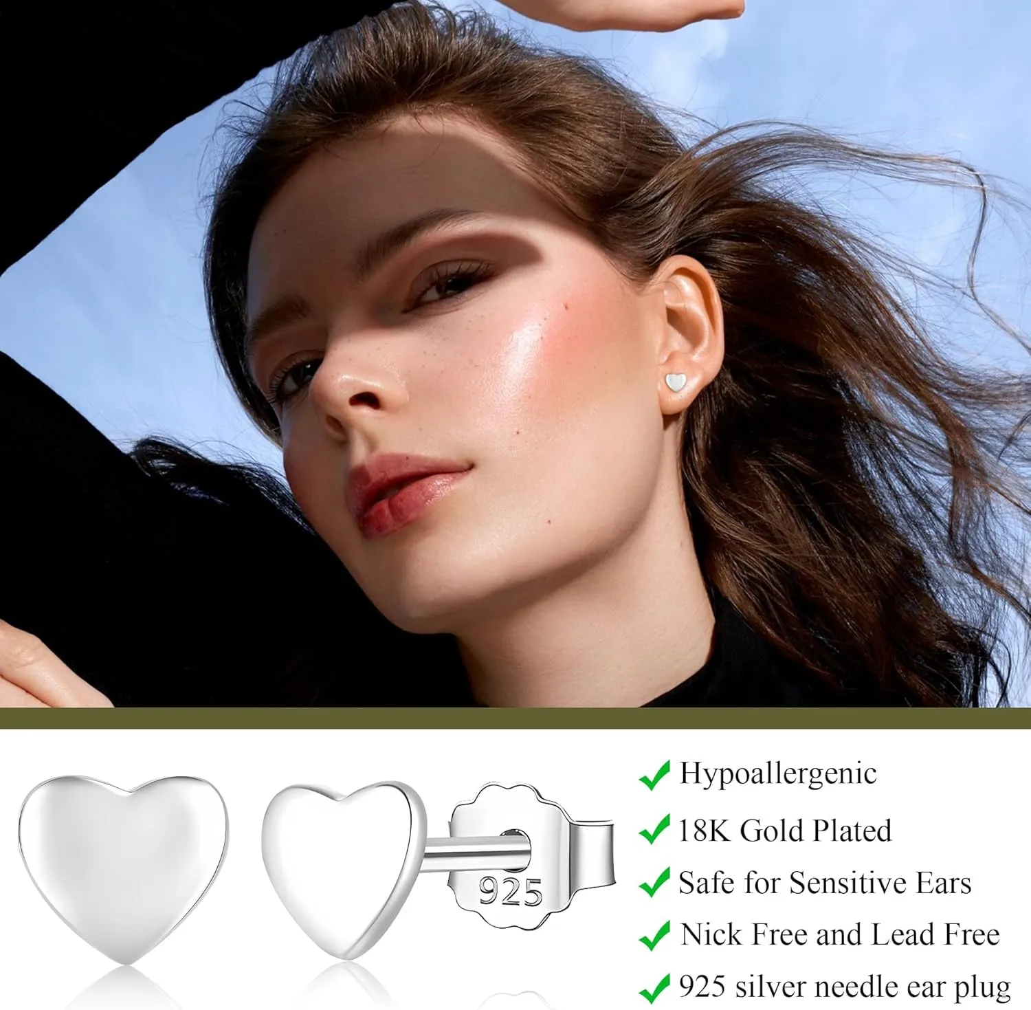 ZDE S925 Sterling Silver Heart Earrings Women Earrings Cubic Zirconia Men Hypoallergenic Non-Nickel Cartilage Earrings Studs Sensitive Ears Simple Classic 5mm Tiny CZ Stud Earrings