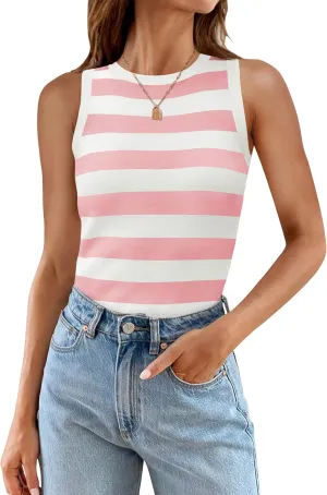 ZESICA Women's Summer Knit Striped Tank Tops Trendy Crewneck Sleeveless Shirts