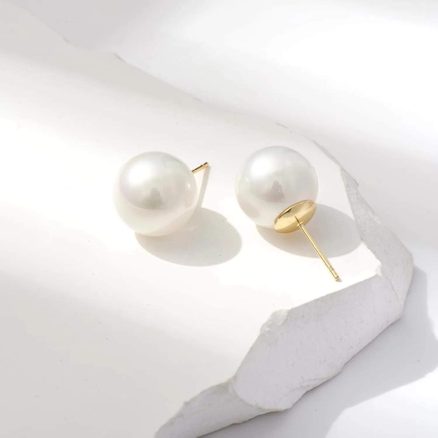 ZLP Big Pearl Earrings for Women, Oversize 14/12/10mm Classic Round Strong Light Simulated Shell Pearl Earrings 14K Gold Plated Sterling Silver Stud